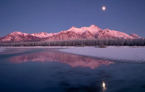 Картинка зима, лес, горы, отражение, река, луна