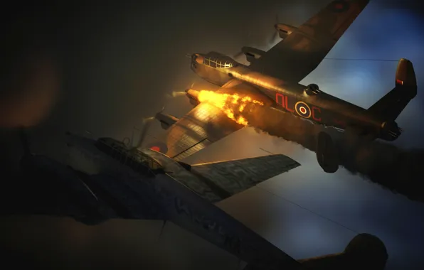 Картинка огонь, пламя, графика, истребитель, арт, бомбардировщик, самолёты, британский