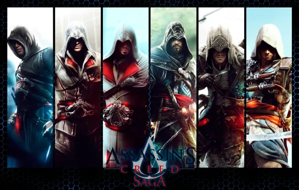 Надпись, коллаж, игра, персонажи, Assassin's Creed