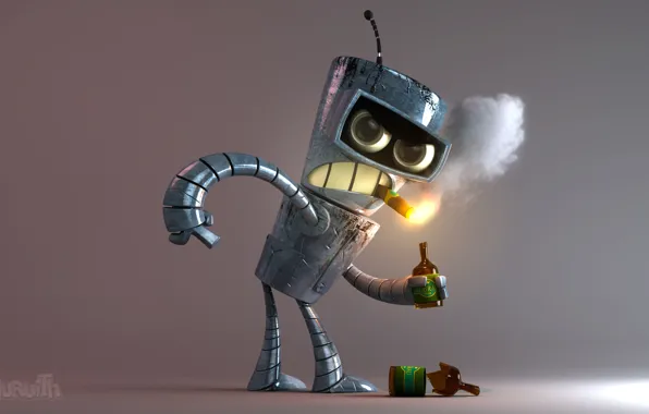 Картинка монстр, Futurama, выпивка, железный человек, Bender, злобный взгляд, курит сигару
