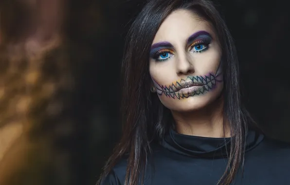 Взгляд, девушка, лицо, стиль, портрет, макияж, Хеллоуин, образ