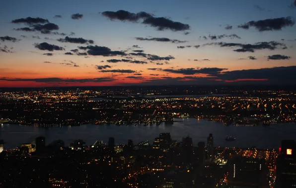 Картинка облака, закат, ночь, город, Нью-Йорк, залив