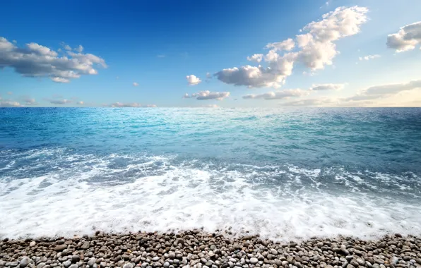 Картинка море, волны, пляж, небо, галька, камни, берег, beach