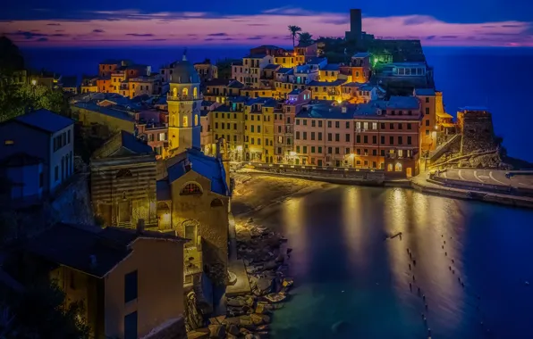 Картинка здания, дома, бухта, Италия, ночной город, Italy, Лигурийское море, гавань