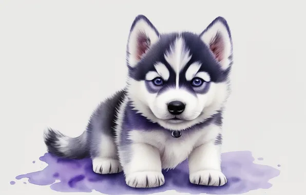 Рисунок, собака, пушистый, акварель, милый, щенок, puppy, хаски
