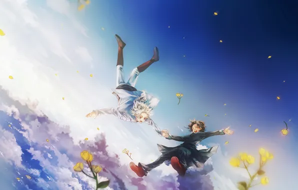 Картинка небо, облака, цветы, арт, полёт, парни, source request, asano moi