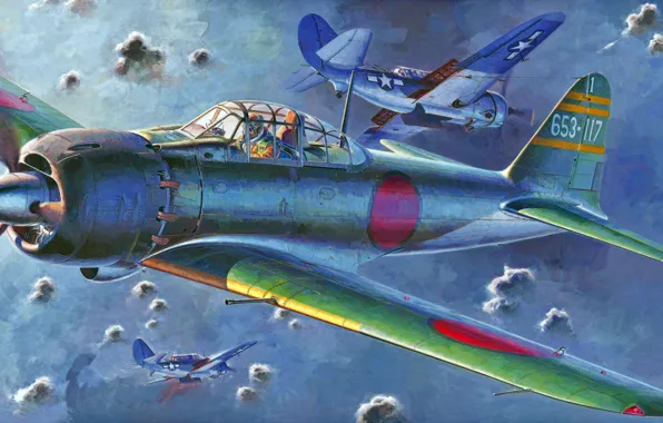 Картинка war, art, painting, aviation, ww2, Mitsubishi A6M5 Zero Fighter, japanese navy