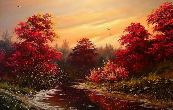 Картинка осень, небо, вода, деревья, пейзаж, птицы, обои, краски