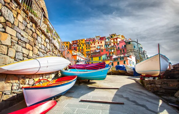 Картинка город, берег, спуск, здания, дома, лодки, Италия, Лигурийское море