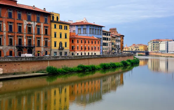 Картинка небо, река, дома, Италия, Пиза