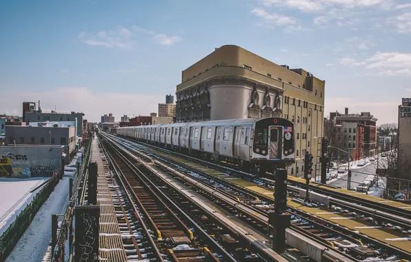 Картинка зима, снег, город, Нью-Йорк, поезда, Соединенные Штаты, городской, высокая линия улица