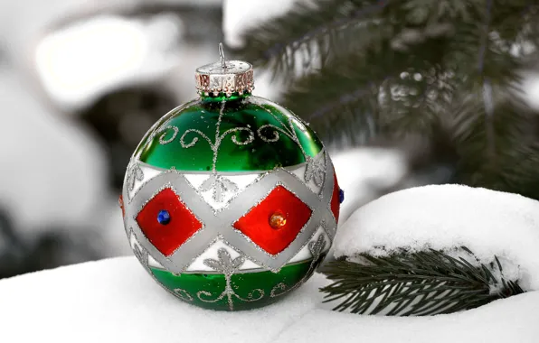 Снег, елка, новый год, рождество, шарик, украшение