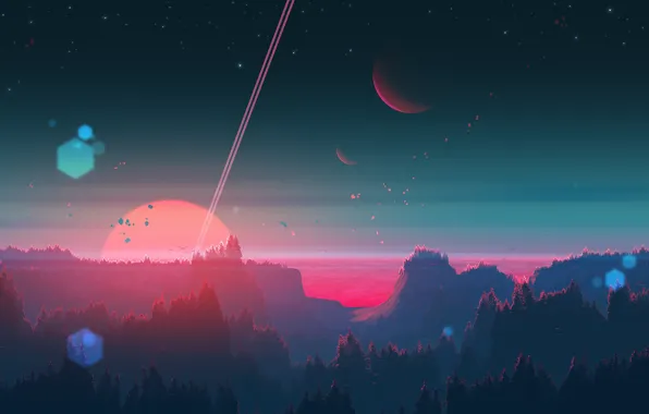 Закат, Солнце, Планета, Звезда, Планеты, Fantasy, Пейзаж, Planets