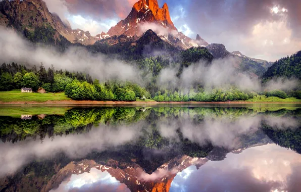 Картинка лес, горы, природа, туман, озеро, отражение
