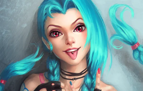 Язык, lol, League of Legends, blue hair, jinx