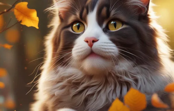 Осень, кошка, взгляд, свет, природа, поза, котенок, листва