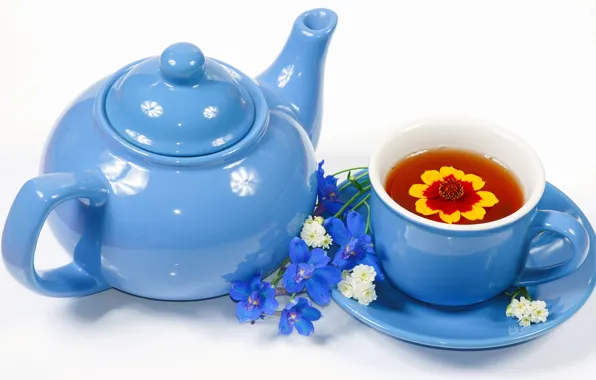 Картинка цветок, чай, чайник, чашка, натюрморт
