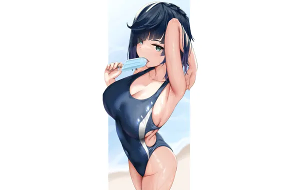 Girl, hot, sexy, wet, blue, anime, water, short hair