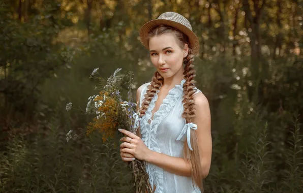 Взгляд, девушка, цветы, природа, шляпа, красивая, косы, Альберт Лесной