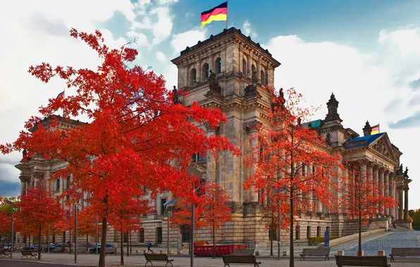 Картинка осень, небо, листья, деревья, Германия, скамья, Берлин, рейхстаг