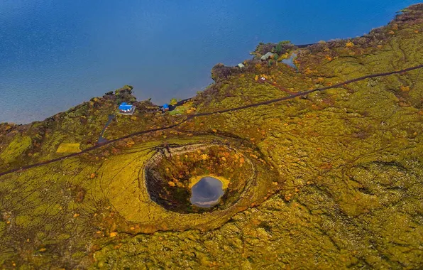 Картинка море, дом, панорама, кратер, Исландия