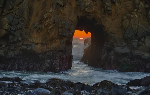 Pacific Ocean, Sunset, California, Big Sur, Natural Bridge, Pfeiffer State Beach