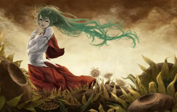 Картинка девушка, подсолнухи, цветы, ветер, волосы, рисунок, touhou, kazami yuuka