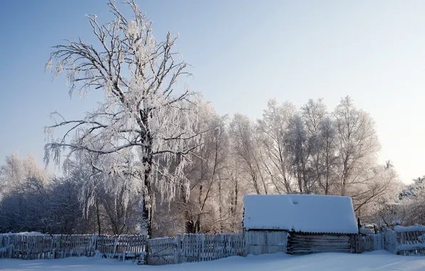 Картинка зима, снег, пейзаж, дом, забор