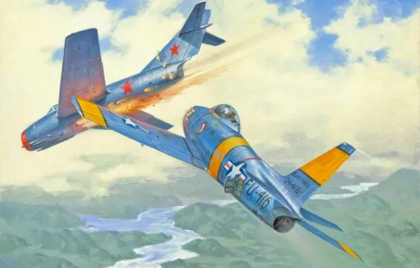 Картинка war, art, painting, aviation, korea, dogfight, jets, F-86 Sabre