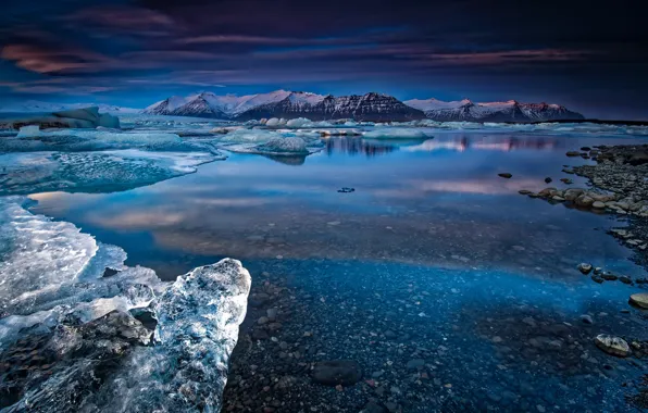 Картинка зима, снег, горы, природа, река, sunset, Iceland