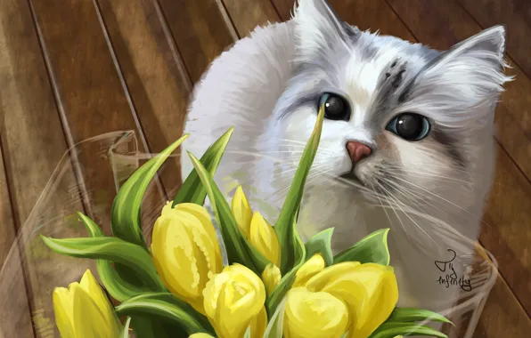Картинка кошка, букет, тюльпаны
