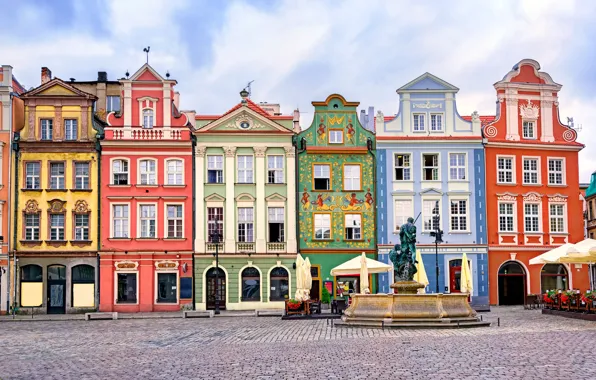 Дизайн, дома, площадь, Польша, фонтан, Poznan