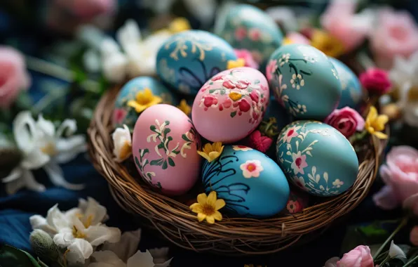 Цветы, праздник, яркие, яйца, весна, голубые, Пасха, гнездо