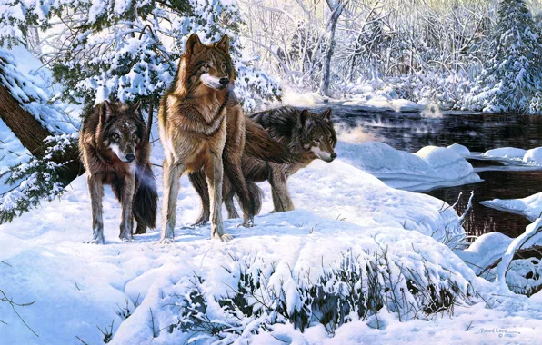 Зима, лес, снег, река, арт, волки, Richard Luce