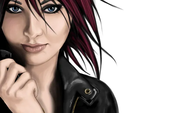 Картинка девушка, арт, красные волосы. макияж. взгляд, куртка. фон
