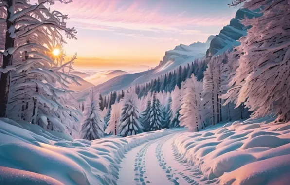 Картинка зима, иней, дорога, лес, небо, облака, снег, деревья