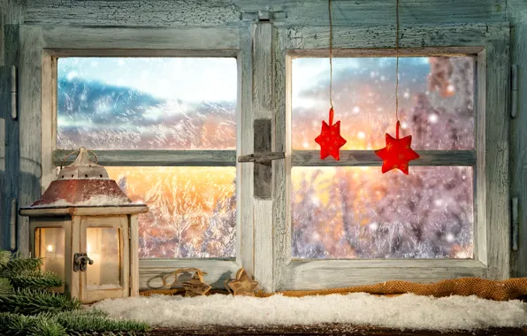 Картинка зима, стекло, ветки, огонь, праздник, узоры, игрушки, свеча