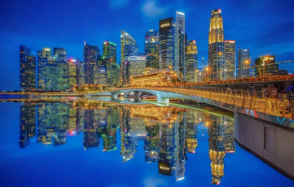 Картинка мост, отражение, здания, дома, залив, Сингапур, ночной город, небоскрёбы