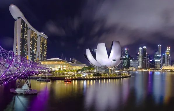 Картинка ночь, река, фото, Сингапур