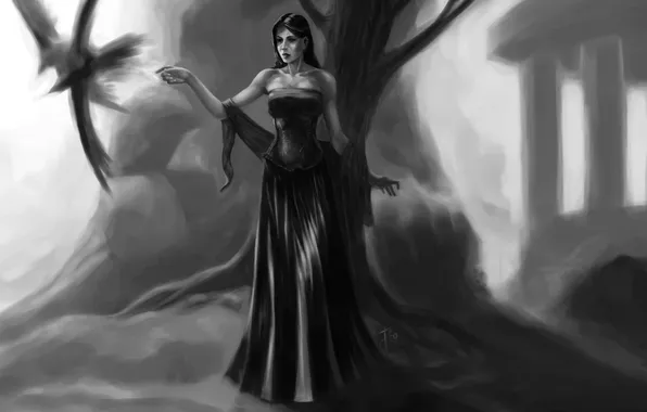 Картинка девушка, фантастика, дерево, птица, платье, черное, арт, живопись