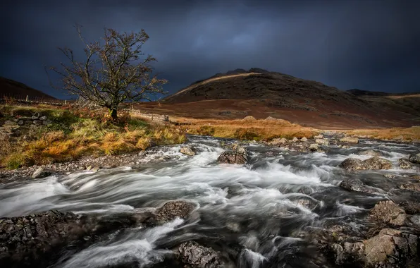 Небо, деревья, горы, тучи, река, камни, склон