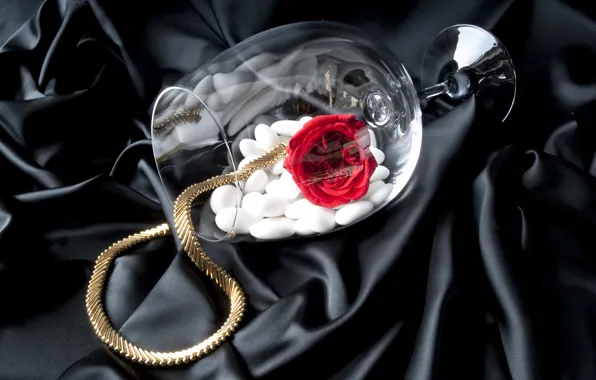 Золото, бокал, роза, шелк, украшение, rose, gold, flower
