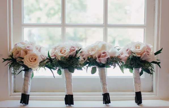Цветы, розы, окно, свадебные, букеты