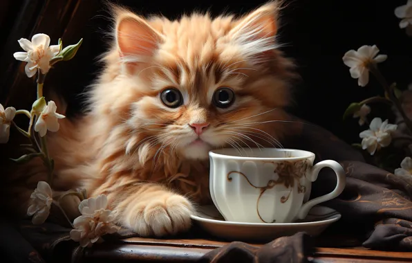 Кошка, взгляд, свет, цветы, поза, темный фон, котенок, стол