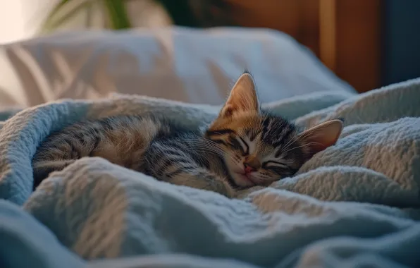 Кошка, поза, котенок, сон, постель, мордашка, ИИ-арт, нейросеть