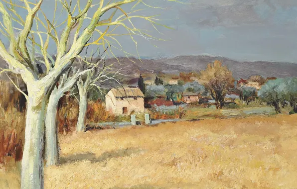 Поле, деревья, пейзаж, горы, дома, картина, Марсель Диф, Tourette-sur-Loup