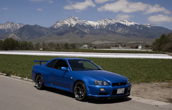 Картинка nissan, skyline, blue, gtr, mountains, V-Spec