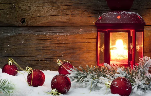 Картинка зима, снег, красный, фон, огонь, праздник, шары, обои