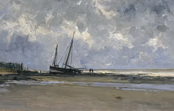 Картинка берег, лодка, картина, морской пейзаж, Карлос де Хаэс, Море в Виллервиле