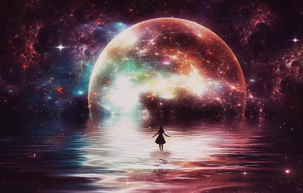Girl, digital, water, art, glow, stars, surreal